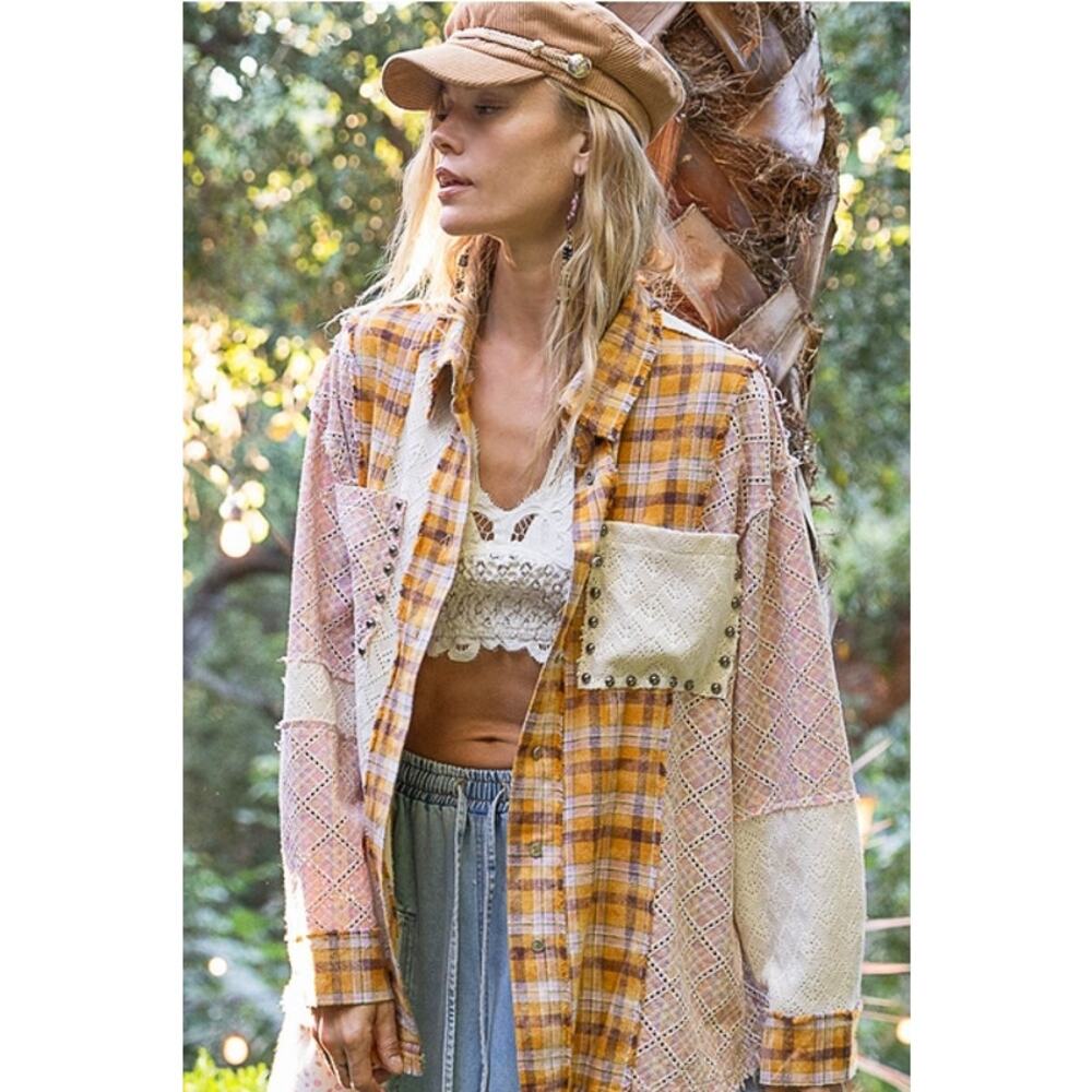 POL Mustard Multi Size Small Oversized Long Sleeve Lace Contrast Shirt in Plaid